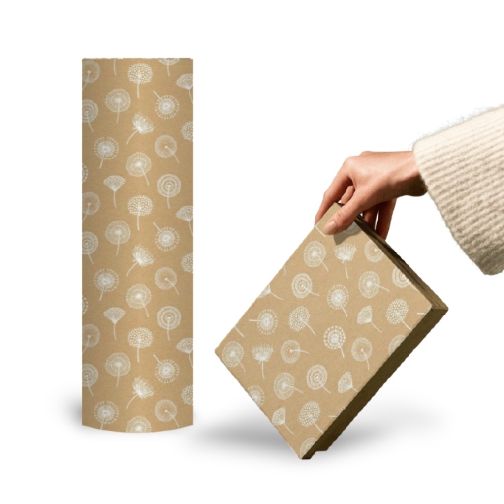 Papierrol – Kraft – Paardebloem print – 50cm x 150m