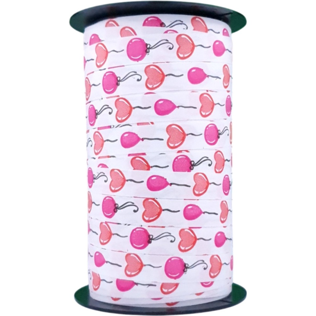 Krullint Wit met Roze Hartjes & Ballonnen – 10mm x 50m – Lief Cadeaulint voor Verpakking & Feestelijke Geschenken