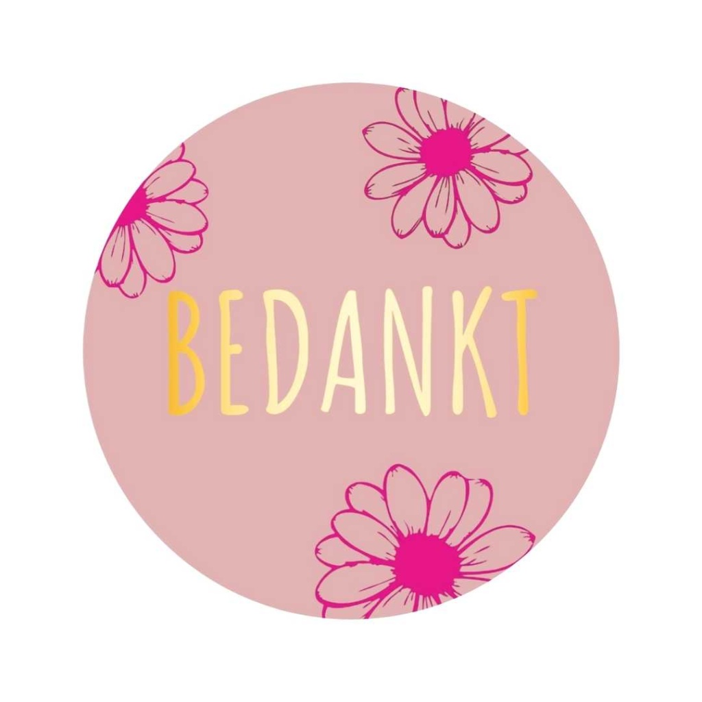 250x - "Bedankt" - Sluitstickers - Ø39mm - Poederroze met Bloemen en Gouden Tekst - Stickers