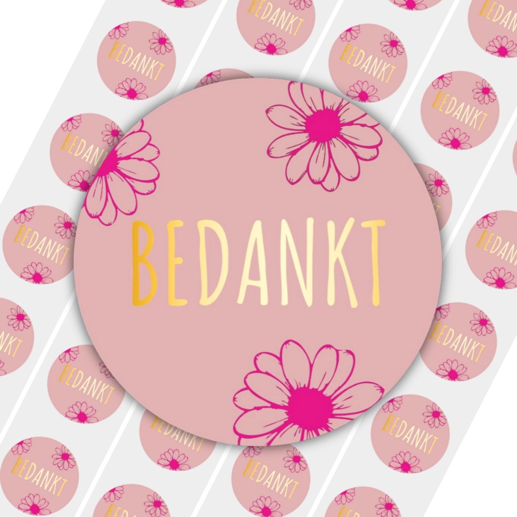 50x Stickers – "Bedankt" – Roze met Bloemen – Ø39 mm – Goldy Sticker Serie
