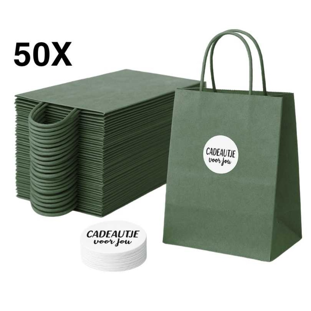 Papieren Draagtassen – Incl. Stickers – Leger Groen - 50 Stuks – 18x8x22 cm