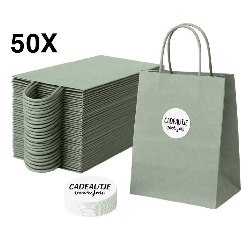 Papieren Draagtassen – Incl. Stickers – Olijf Groen - 50 Stuks – 18x8x22 cm