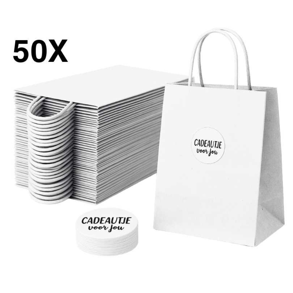 Papieren Draagtassen – Incl. Stickers – Wit - 50 Stuks – 18x8x22 cm