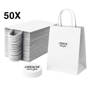 Papieren Draagtassen – Incl. Stickers – Wit - 50 Stuks – 18x8x22 cm