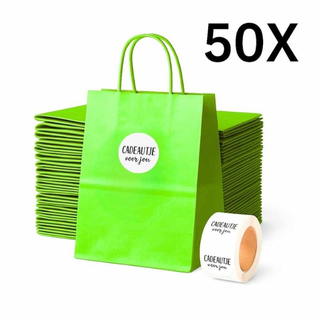 Papieren Draagtassen – Incl. Stickers – Lime Groen - 50 Stuks – 18x8x22 cm