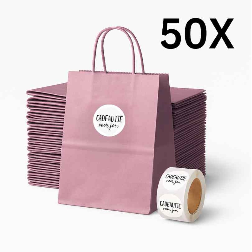 Papieren Draagtassen – Incl. Stickers – Oud Roze - 50 Stuks – 18x8x22 cm