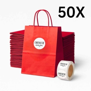 Papieren Draagtassen – Incl. Stickers – Rood - 50 Stuks – 18x8x22 cm