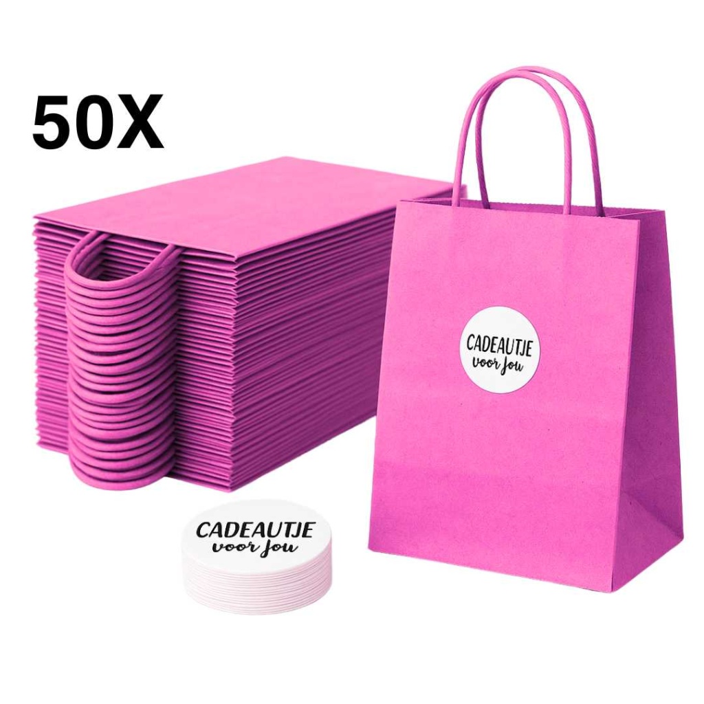 Papieren Draagtassen – Incl. Stickers – Pink - 50 Stuks – 18x8x22 cm
