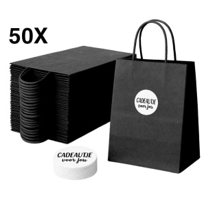Papieren Draagtassen – Incl. Stickers – Zwart - 50 Stuks – 18x8x22 cm