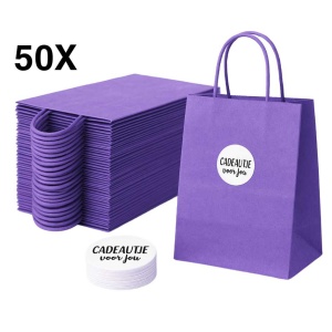 Papieren Draagtassen – Incl. Stickers – Paars - 50 Stuks – 18x8x22 cm