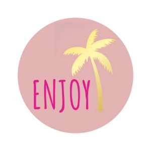 250x - "Enjoy" - Sluitstickers - Ø39mm - Poederroze met Gouden Palmboom en Tekst - Stickers