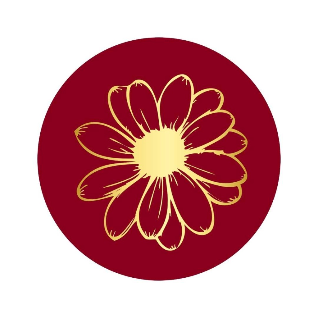 250x - "Bloem" - Sluitstickers - Ø39mm - Bordeauxrood met Gouden Bloemdesign - Stickers