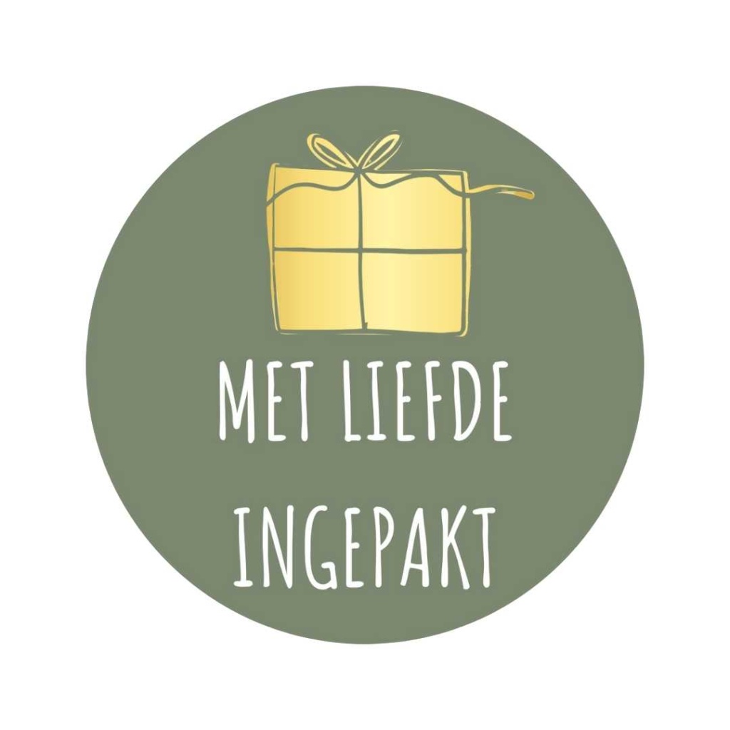 250x - "Met liefde ingepakt" - Sluitstickers - Ø39mm - Olijfgroen met Goudkleurig Cadeautje en Tekst - Stickers