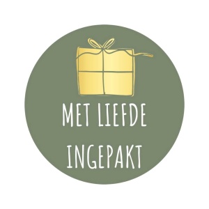 250x - "Met liefde ingepakt" - Sluitstickers - Ø39mm - Olijfgroen met Goudkleurig Cadeautje en Tekst - Stickers