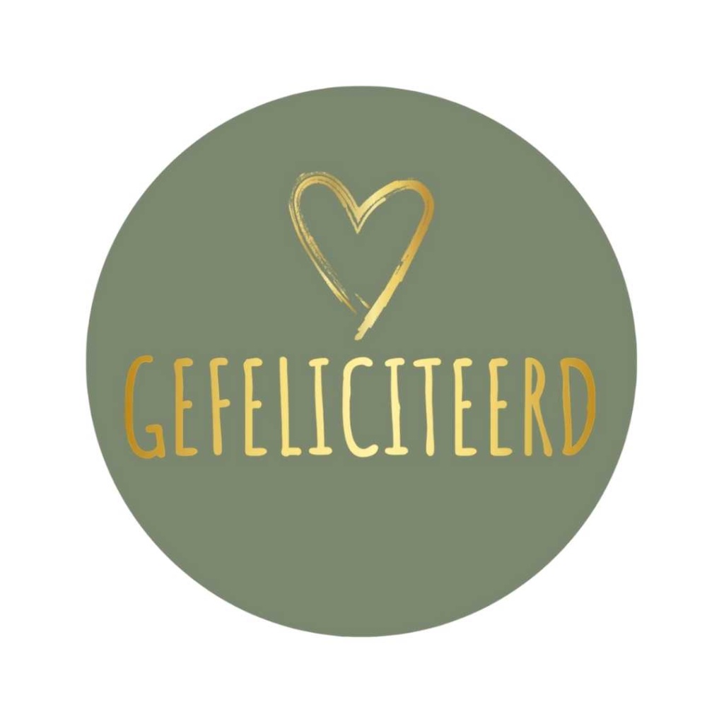 250x - "Gefeliciteerd" - Sluitstickers - Ø39mm - Olijfgroen met Gouden Hart en Tekst - Stickers