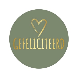 250x - "Gefeliciteerd" - Sluitstickers - Ø39mm - Olijfgroen met Gouden Hart en Tekst - Stickers