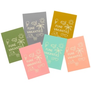 12x Vakantiekaartjes – "Fijne Vakantie" – 6 Kleuren – Set met 2x per Kleur – Leuke Mini Kaartjes voor Zomer, School & Traktaties - Wenskaarten - Einde Schooljaar