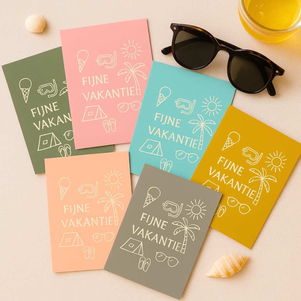 12x Vakantiekaartjes – "Fijne Vakantie" – 6 Kleuren – Set met 2x per Kleur – Leuke Mini Kaartjes voor Zomer, School & Traktaties - Wenskaarten - Einde Schooljaar