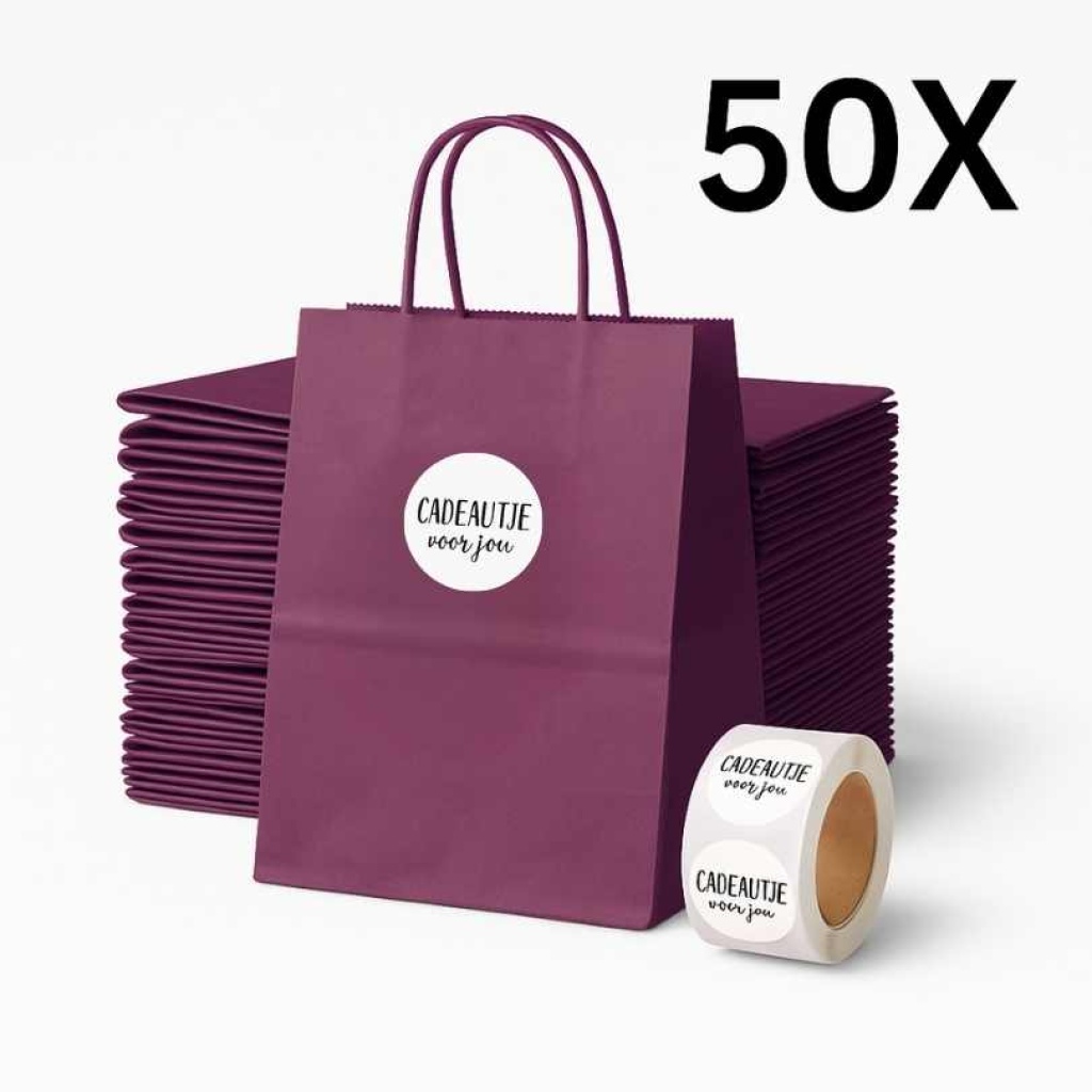 Papieren Draagtassen – Incl. Stickers – Bordeaux - 50 Stuks – 18x8x22 cm
