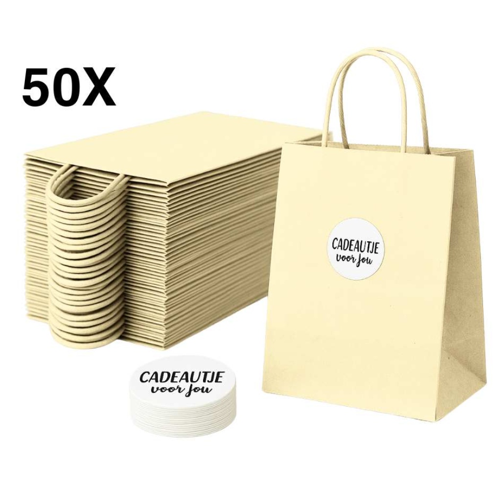 Papieren Draagtassen – Incl. Stickers – Ivoor / Crème - 50 Stuks – 18x8x22 cm