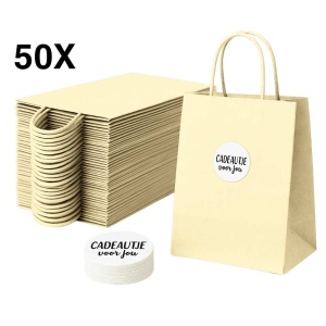 Papieren Draagtassen – Incl. Stickers – Ivoor / Crème - 50 Stuks – 18x8x22 cm