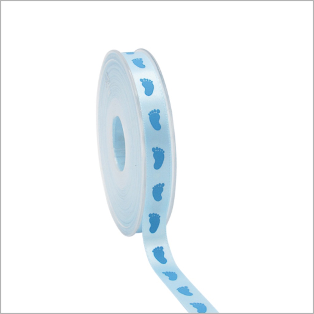 Satijn lint - Baby lint – blauwe voetjes – 12 mm x 25 meter