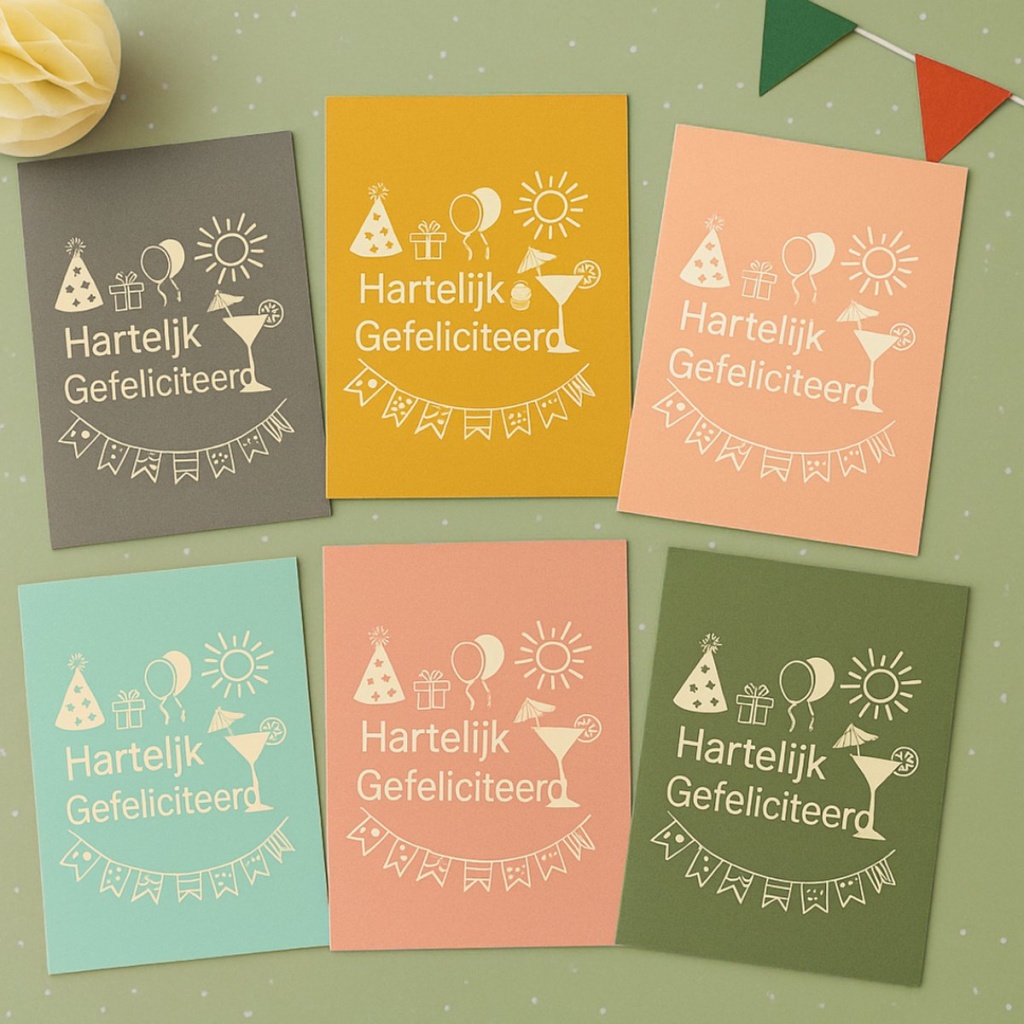 12x Verjaardagskaarten Hartelijk Gefeliciteerd 6 Kleuren Set 