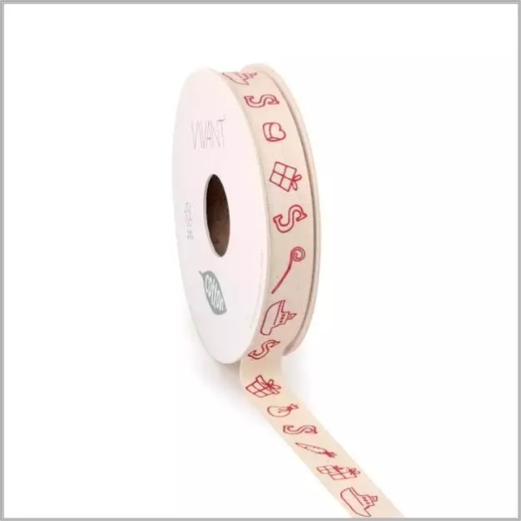 Katoen Lint – Mijter – Wit-Rood – 20m x 15mm