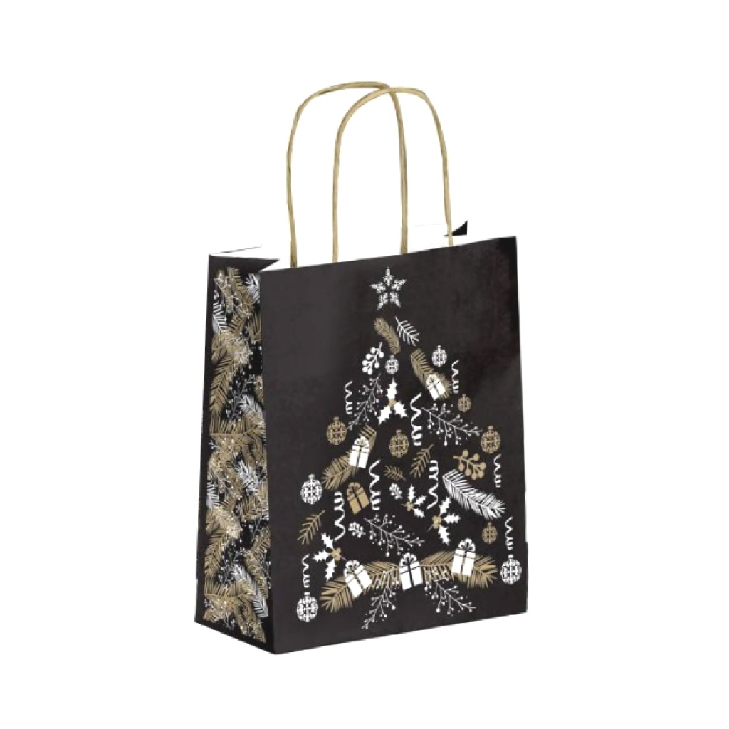 Papieren Tas (M) – Kerstboom - zwart-wit-goud – 50 Stuks - 32x12x26 cm