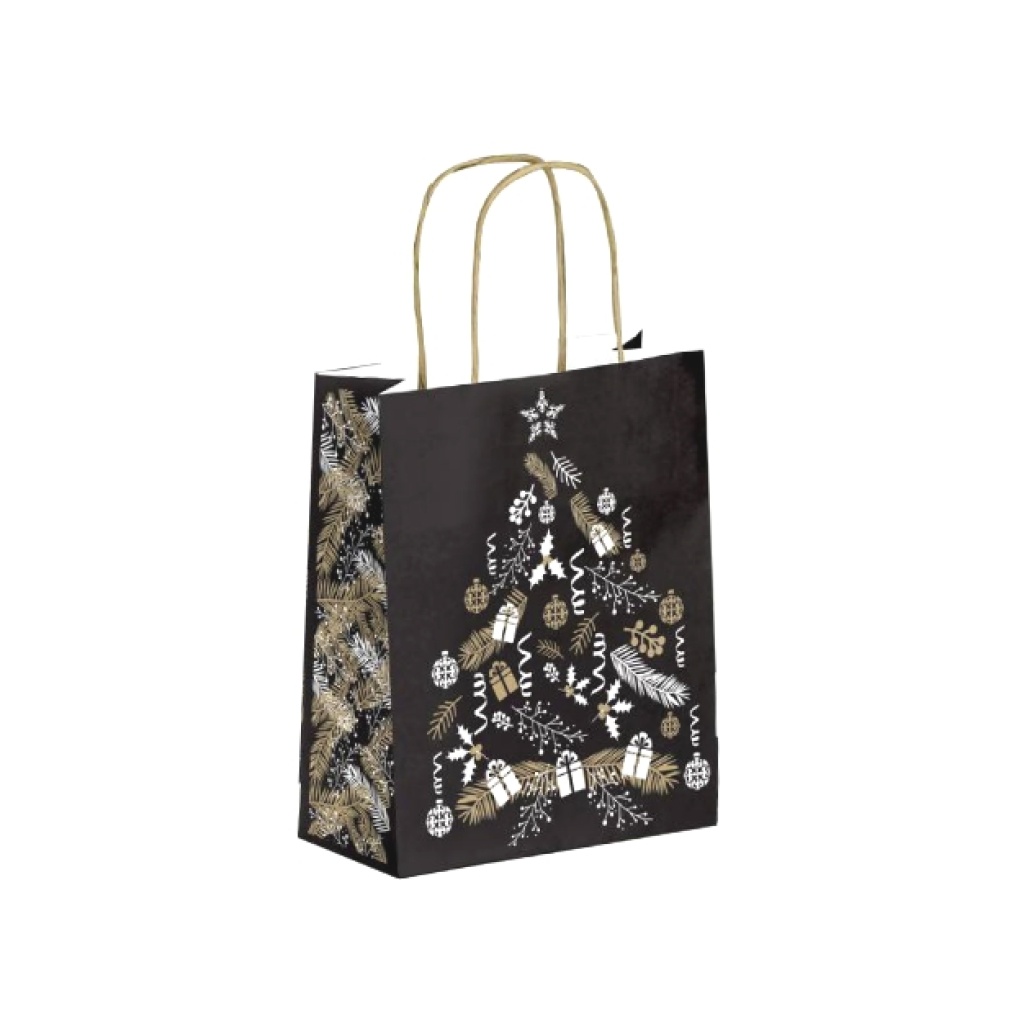 Papieren Tas (S) – Kerstboom - zwart-wit-goud – 50 Stuks - 18x8x24 cm