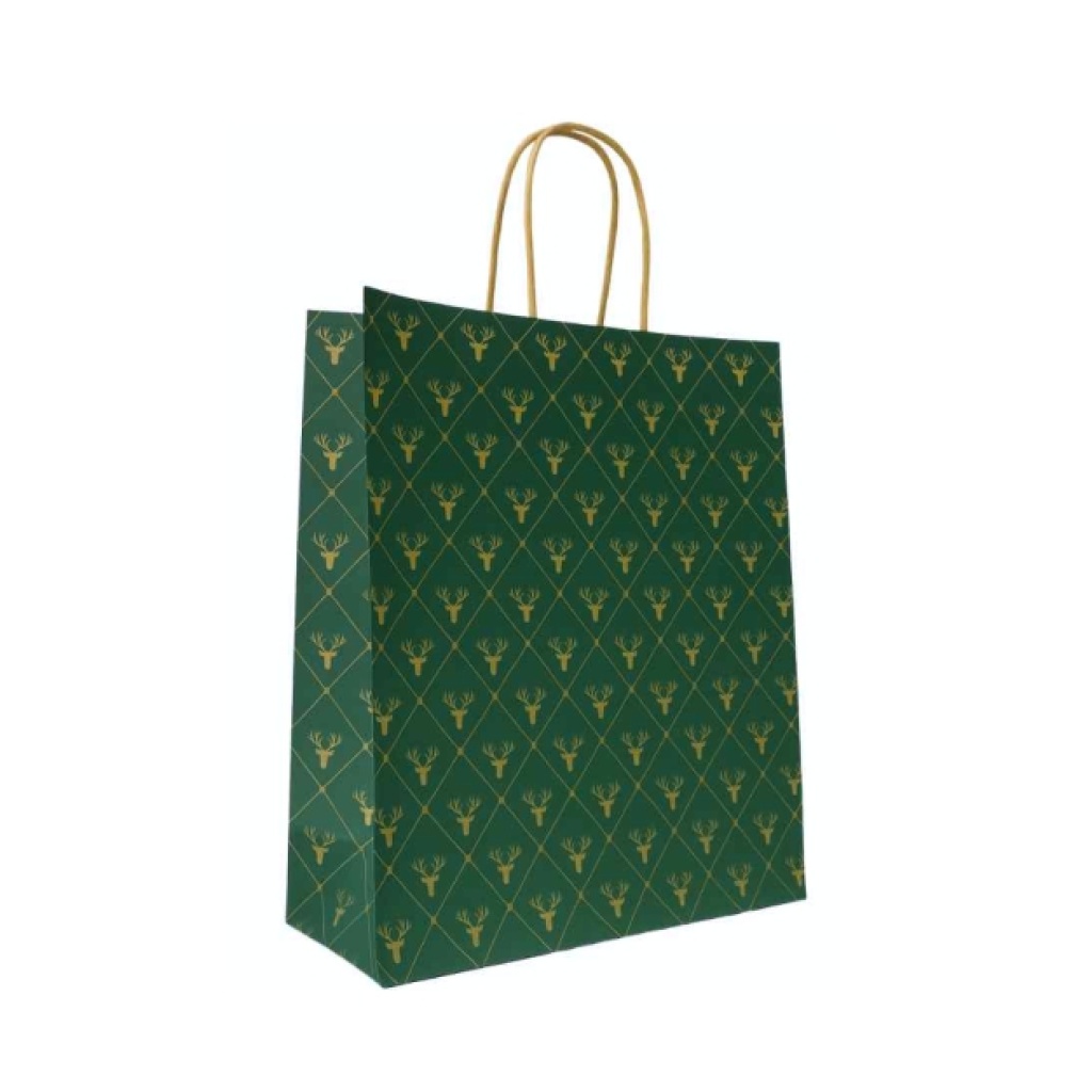 Papieren Tas (M) – Kerst groen-goud – 50 Stuks - 32x12x26 cm