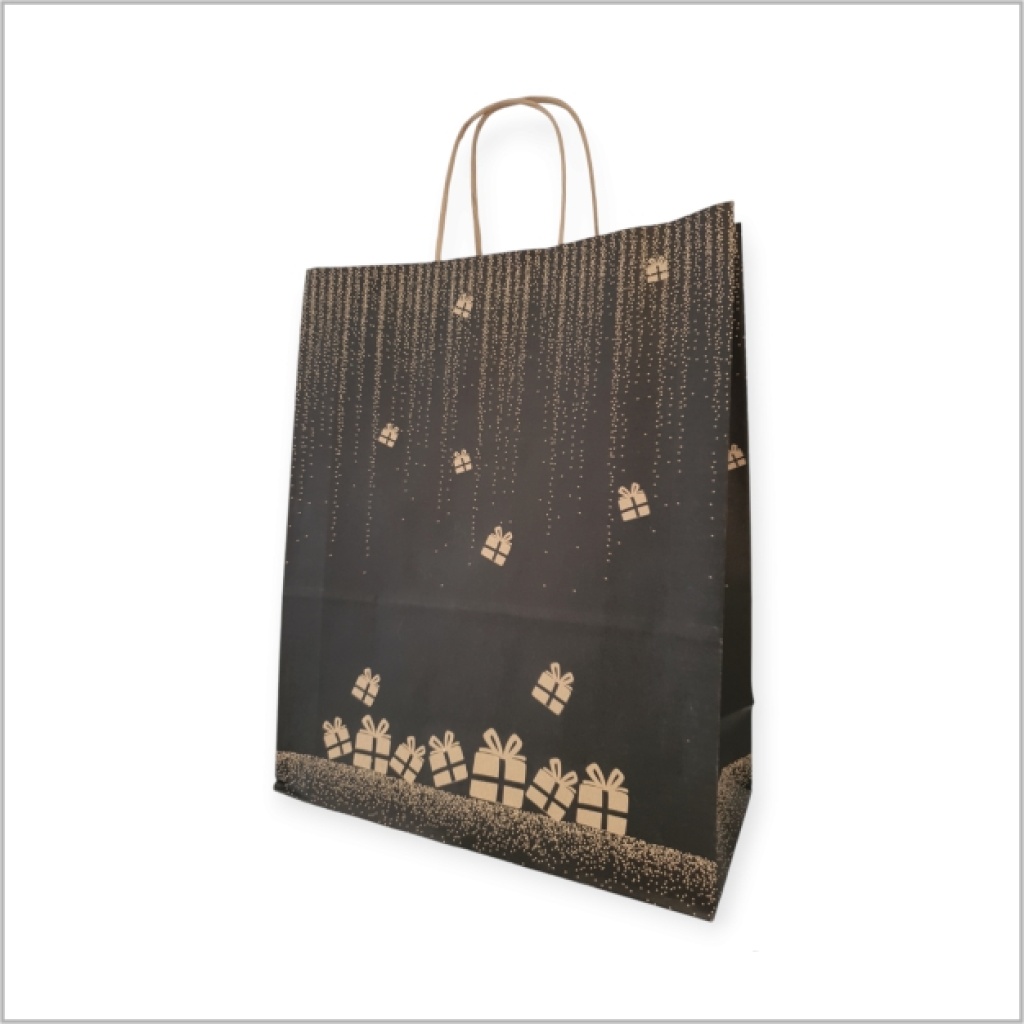 Papieren Tas (L) – Kerst gift - zwart-bruin-goud - 35x14x41 cm