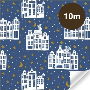 Cadeaupapier - Sinterklaas "Over de daken" - (1 STUKS) – 1000×50 cm – Blauw met Sterren, Maan & Huisjes – Inpakpapier – Feestelijk – Sint Thema