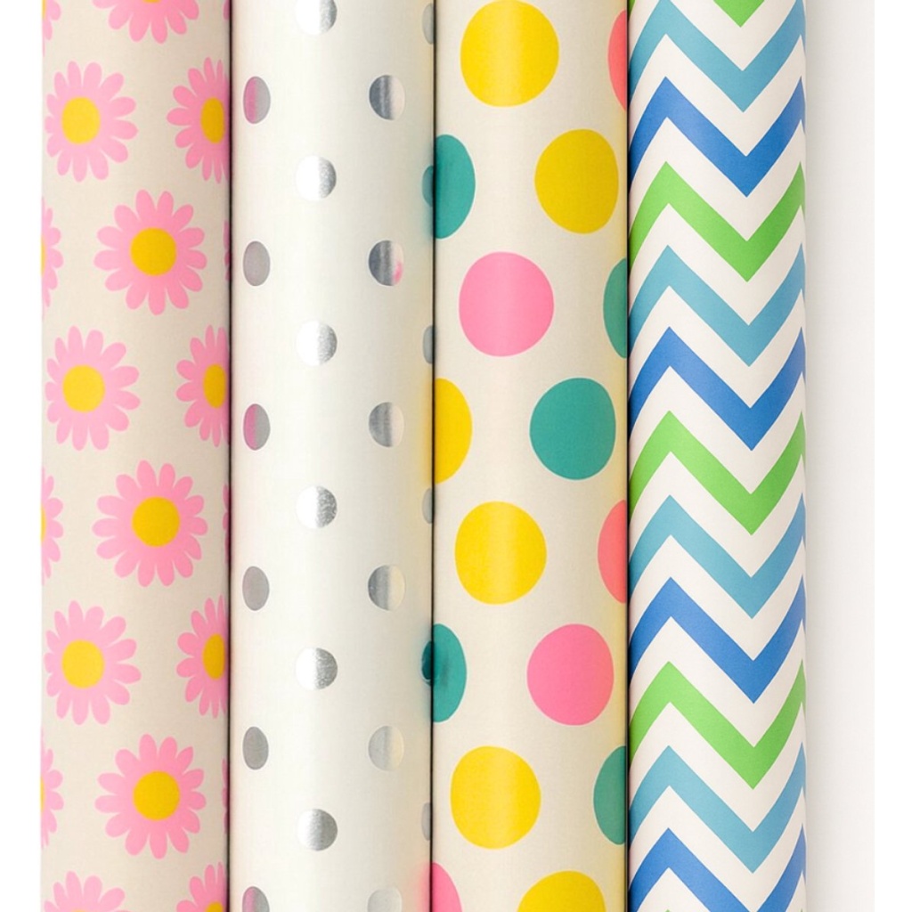Cadeaupapier – ColorJoy – (4 STUKS) – 200×70 cm – Bloemen, Zilveren Stippen, Vrolijke Polkadots & Chevron Strepen – Inpakpapier
