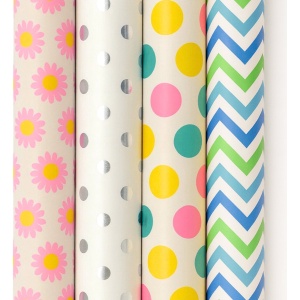 Cadeaupapier – ColorJoy – (4 STUKS) – 200×70 cm – Bloemen, Zilveren Stippen, Vrolijke Polkadots & Chevron Strepen – Inpakpapier