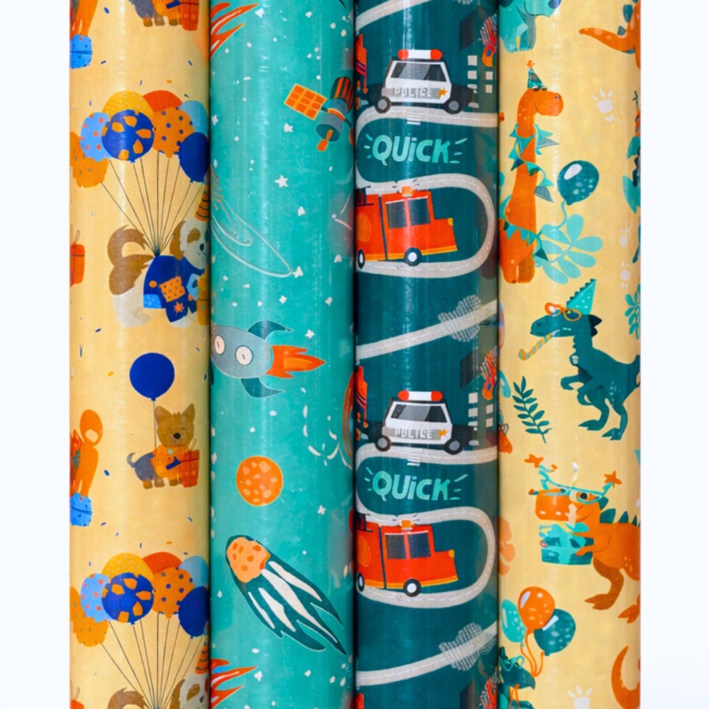 Cadeaupapier – Kids Party – (4 STUKS) – 200×70 cm – Dieren, Ruimte, Voertuigen & Dinosaurussen – Inpakpapier