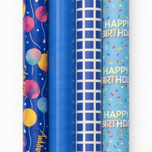 Cadeaupapier – “Blue Birthday Bash” – (4 STUKS) – 200 × 70 cm – Blauw – Ballonnen, Raster & Confetti – Inpakpapier – Verjaardag – Feestelijk Cadeaupapier