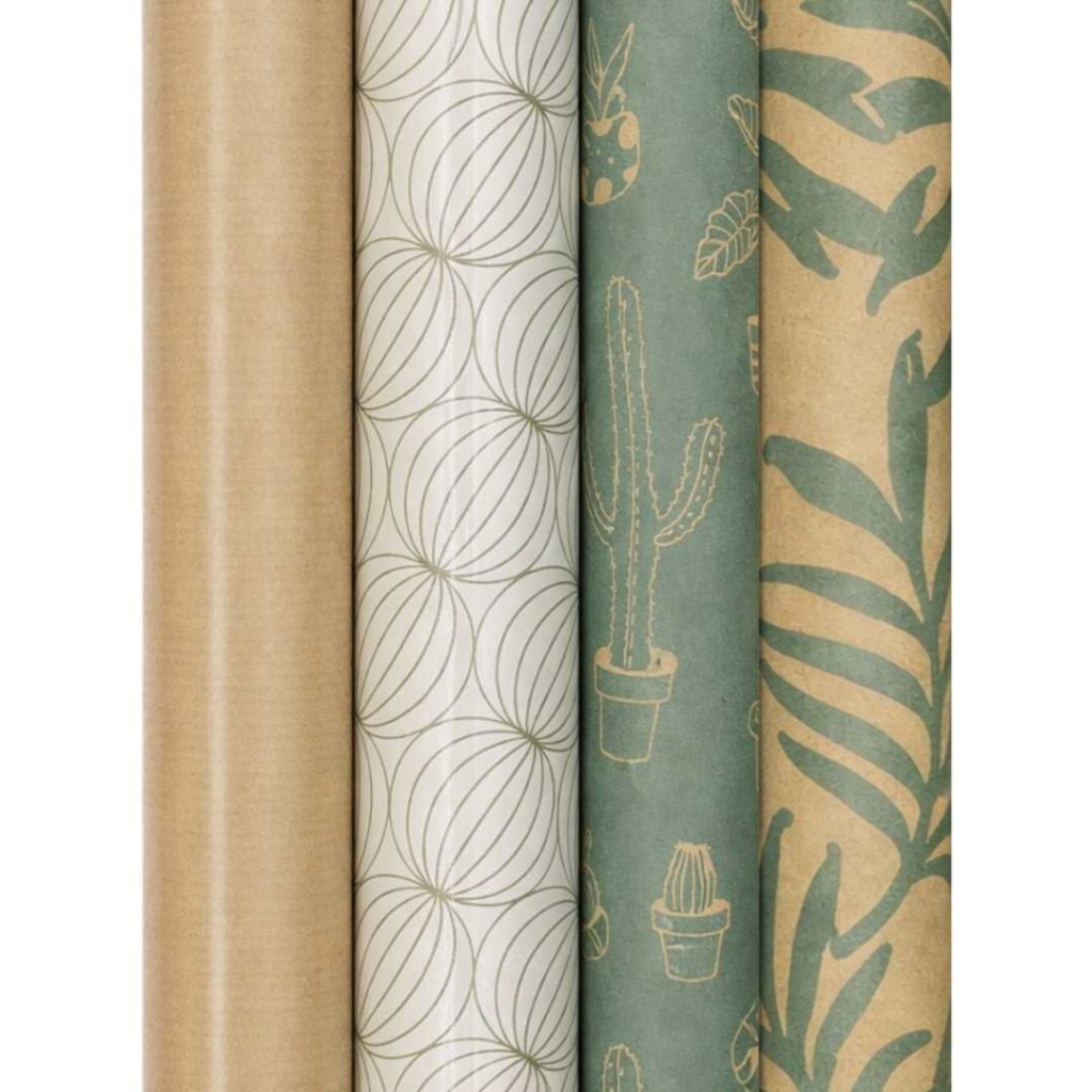 Cadeaupapier – “Botanical Calm” – (4 STUKS) – 200 × 70 cm – Groen, Beige & Crème – Bladeren & Cactus – Inpakpapier – Natuurlijk