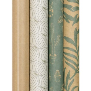 Cadeaupapier – “Botanical Calm” – (4 STUKS) – 200 × 70 cm – Groen, Beige & Crème – Bladeren & Cactus – Inpakpapier – Natuurlijk