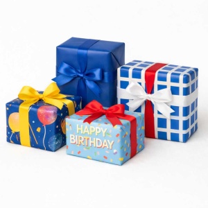 Cadeaupapier – “Blue Birthday Bash” – (4 STUKS) – 200 × 70 cm – Blauw – Ballonnen, Raster & Confetti – Inpakpapier – Verjaardag – Feestelijk Cadeaupapier
