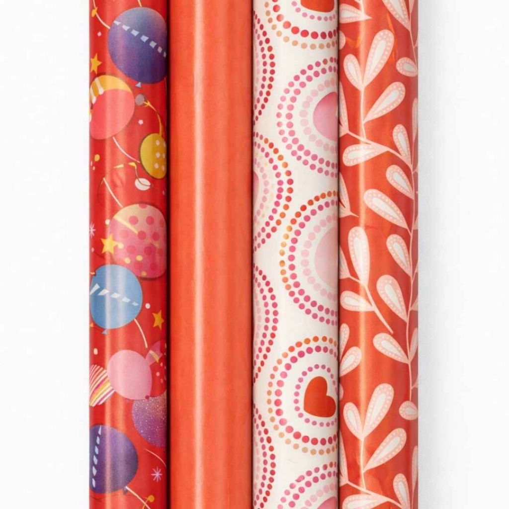 Cadeaupapier – “Warm Valentine” – (4 STUKS) – 200 × 70 cm – Rood, Roze & Warm Oranje – Hartjes & Grafische Prints – Inpakpapier – Valentijn