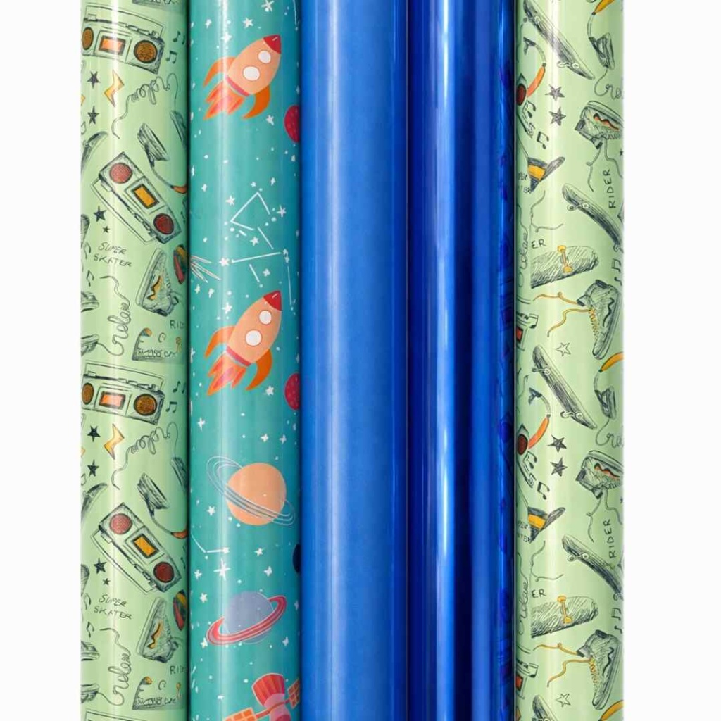 Cadeaupapier – Blue Adventure – (5 STUKS) – 200×70 cm – Ruimte, Skate & Effen Blauw – Inpakpapier – Stoer & Creatief