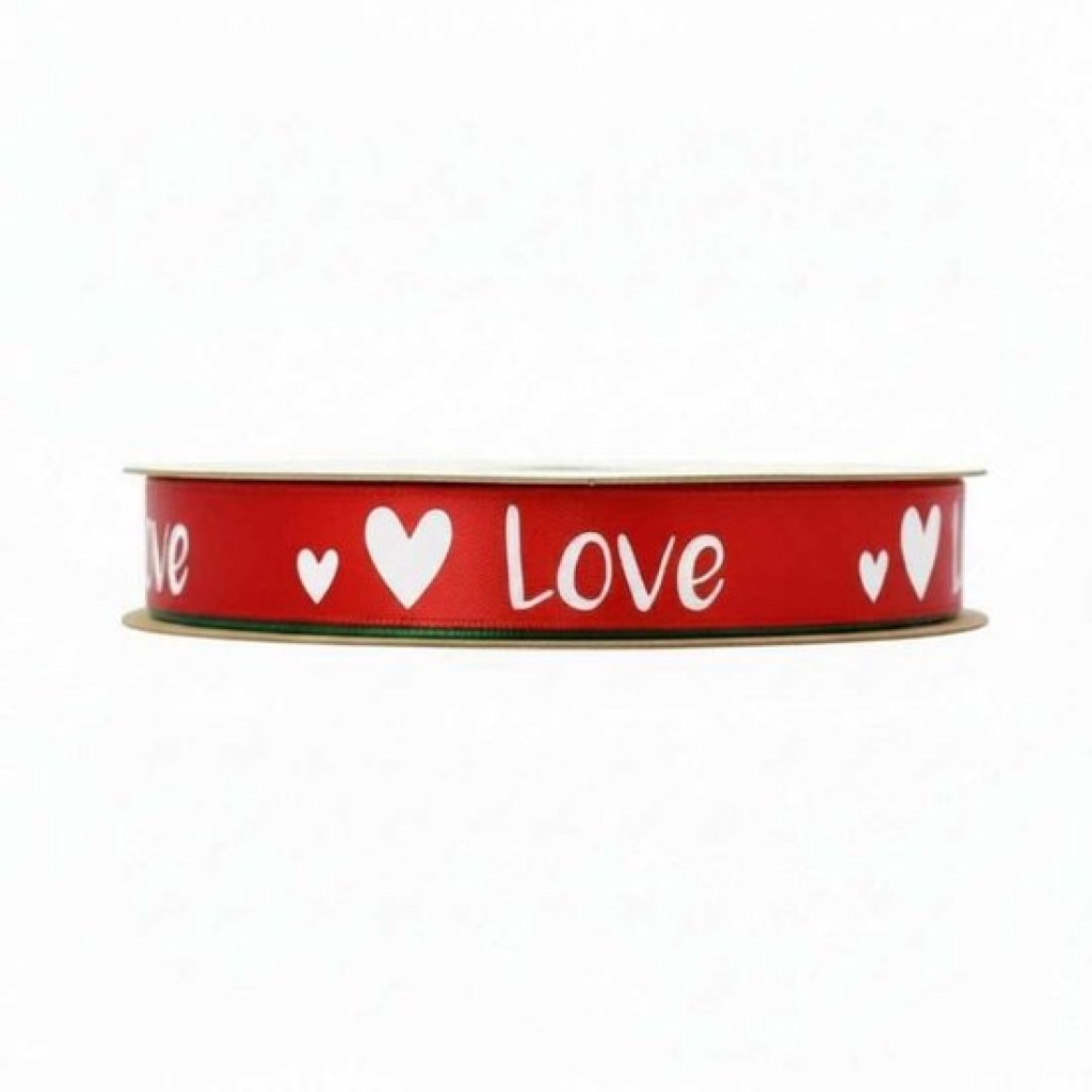 Satijn lint - Opdruk “Love” - Rood - 15 mm x 20 meter - Satijnen Cadeaulint op Rol