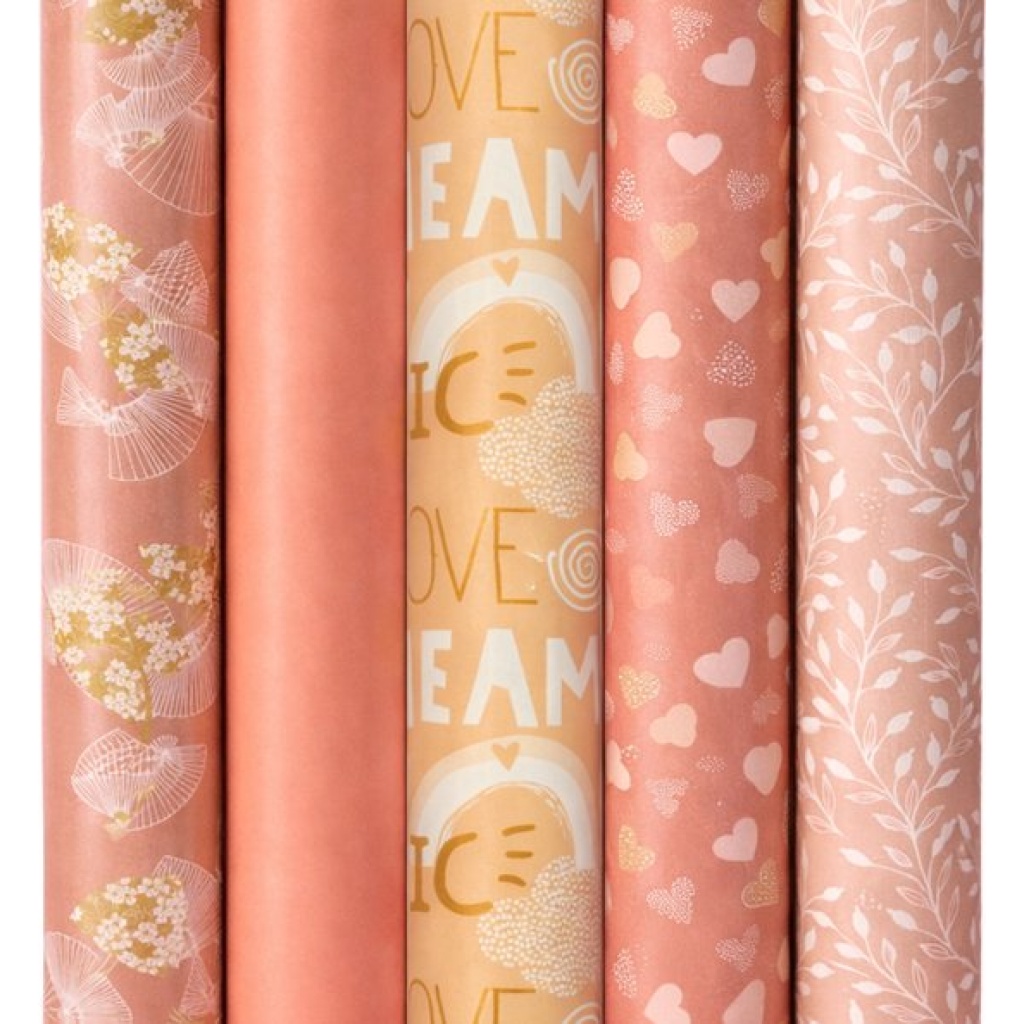 Cadeaupapier Set - Happy Vibes Collection (5 Stuks) - 200×70 cm - Zalm & Roze - Hartjes, Bloemen & Botanische Prints - Inpakpapier