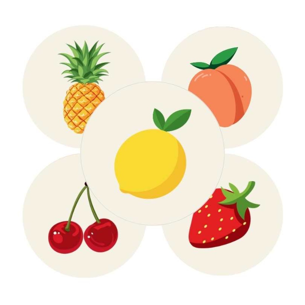 250x Stickers - "Fruity" - 40mm - Mix kleuren - Etiketten - Sluitzegel - Cadeaustickers - Fruit - Ananas, Perzik, Citroen, Kers, Aardbei