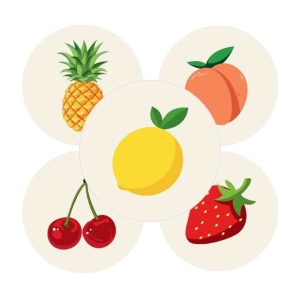 250x Stickers - "Fruity" - 40mm - Mix kleuren - Etiketten - Sluitzegel - Cadeaustickers - Fruit - Ananas, Perzik, Citroen, Kers, Aardbei