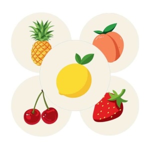 250x Stickers - "Fruity" - 40mm - Mix kleuren - Etiketten - Sluitzegel - Cadeaustickers - Fruit - Ananas, Perzik, Citroen, Kers, Aardbei