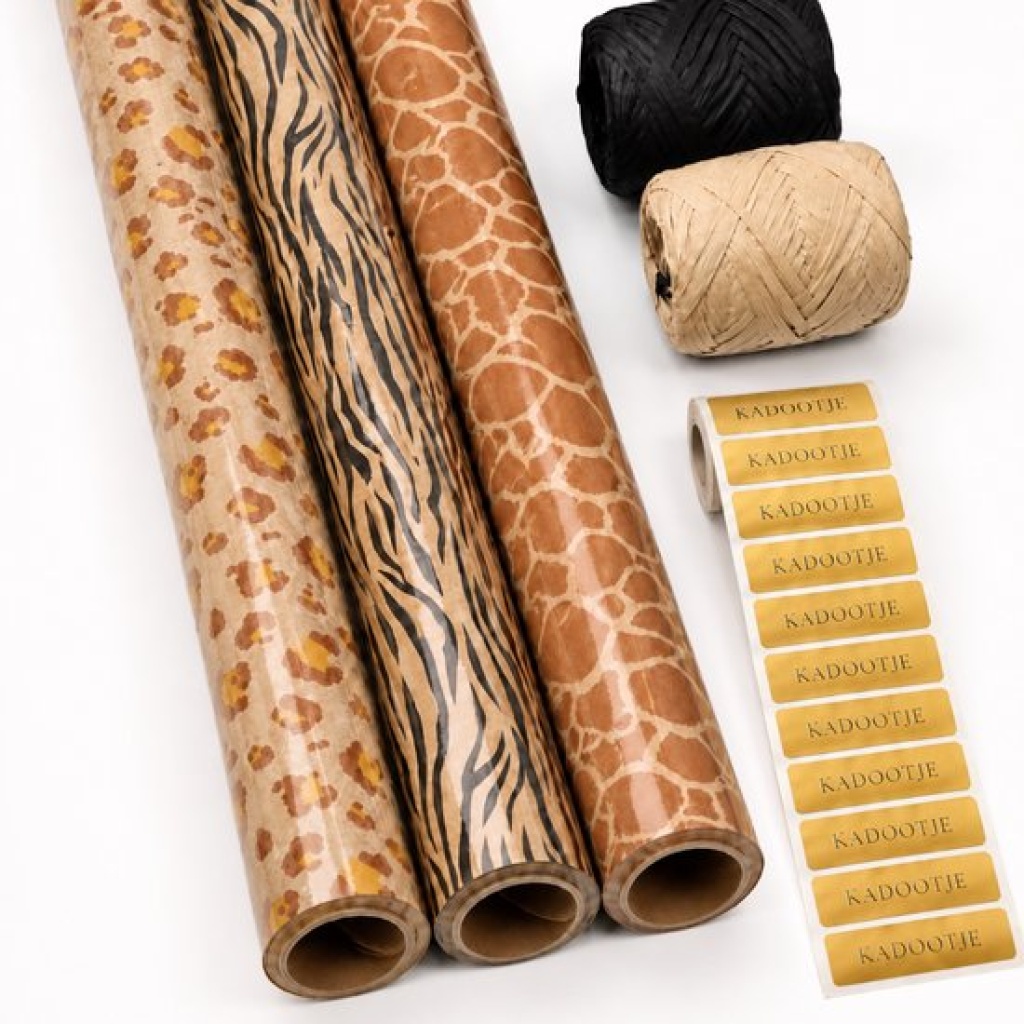 Inpakset Safari Cadeaupapier - 3 Rollen 70 x 200 cm met Raffia en Stickers