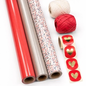 Inpakset Lovely Confetti Rood/Beige - 3 Rollen Cadeaupapier 70 x 200 cm met Raffia en Hartstickers