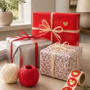 Inpakset Lovely Confetti Rood/Beige - 3 Rollen Cadeaupapier 70 x 200 cm met Raffia en Hartstickers